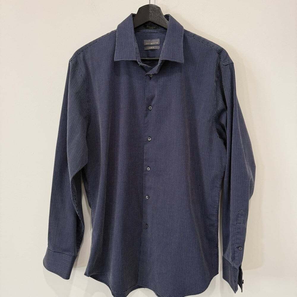 Calibrate Trim Fit Navy and White Checkered Men's Dress Shirt 16